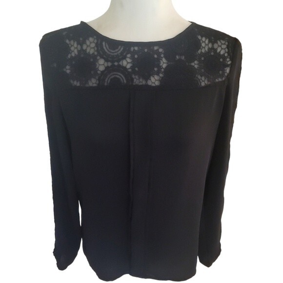 41 Hawthorn Black Semi Sheer Lace Trim Blouse top woman's size small lightweight - Picture 1 of 5